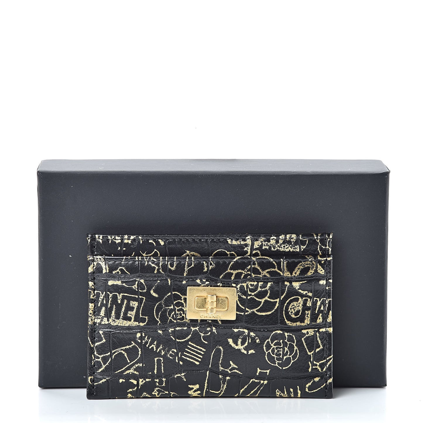 Calfskin Crocodile Embossed Graffiti 2.55 Cocodile Reissue Card Holder Black Gold