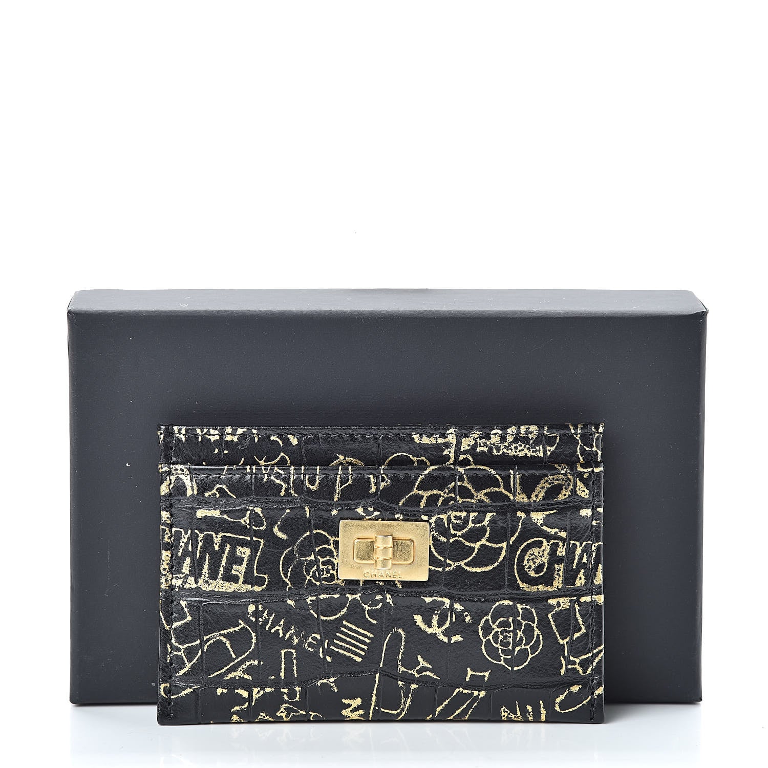 Chanel Calfskin Crocodile Embossed Graffiti 2.55 Cocodile Reissue Card Holder Black Gold 9 of 9