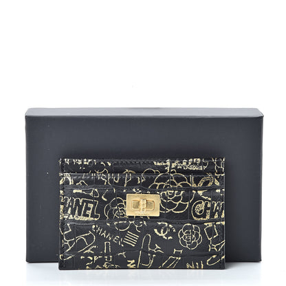 Chanel Calfskin Crocodile Embossed Graffiti 2.55 Cocodile Reissue Card Holder Black Gold 9 of 9