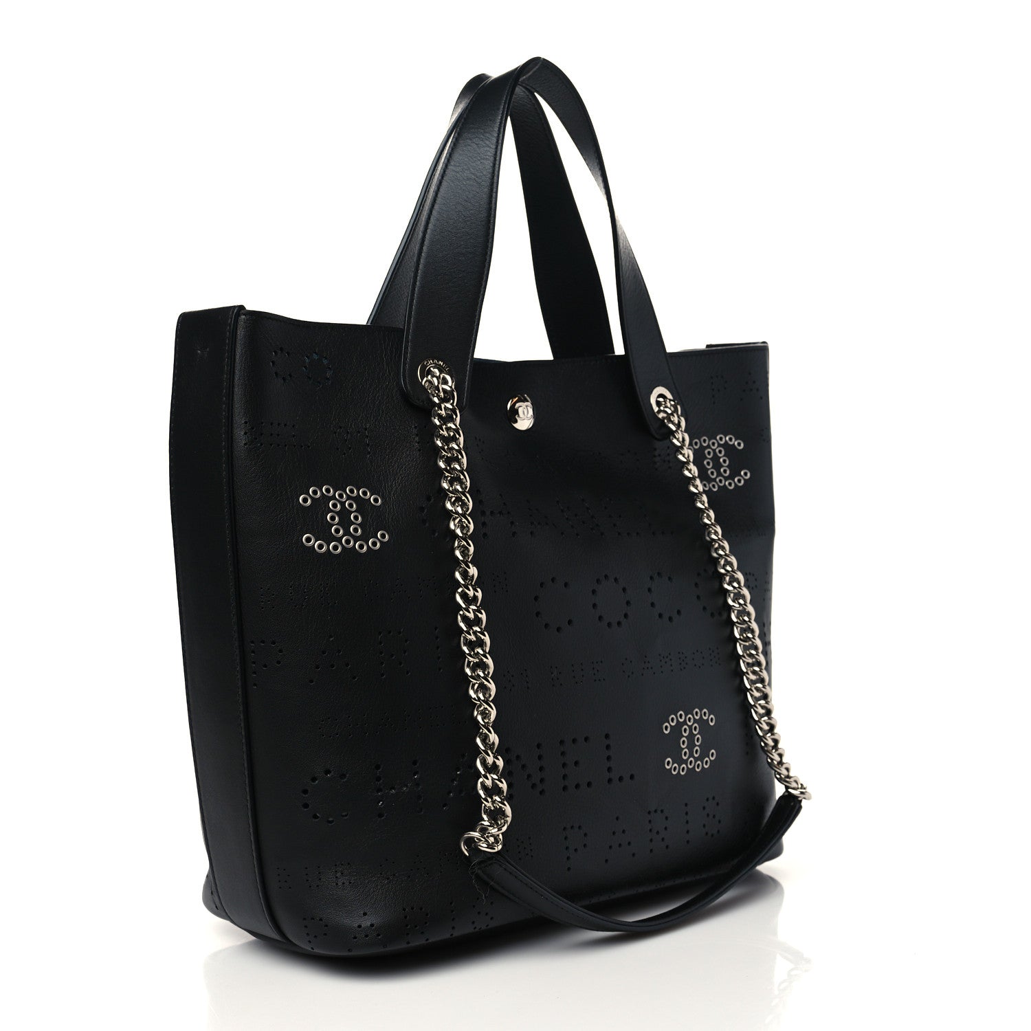 Chanel Calfskin Tweed Small Logo Eyelets Shopping Tote Black 4 of 10