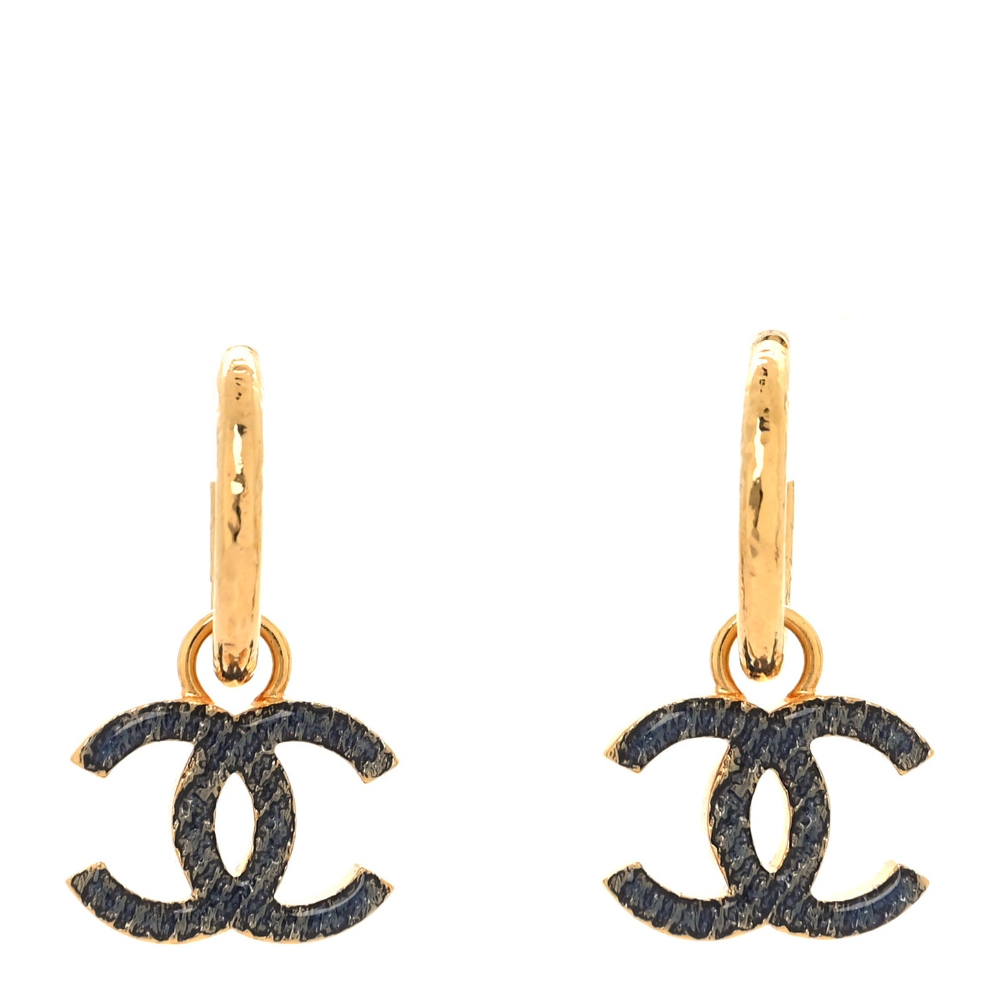 Metal Enamel CC Denim Drop Earrings Gold Blue