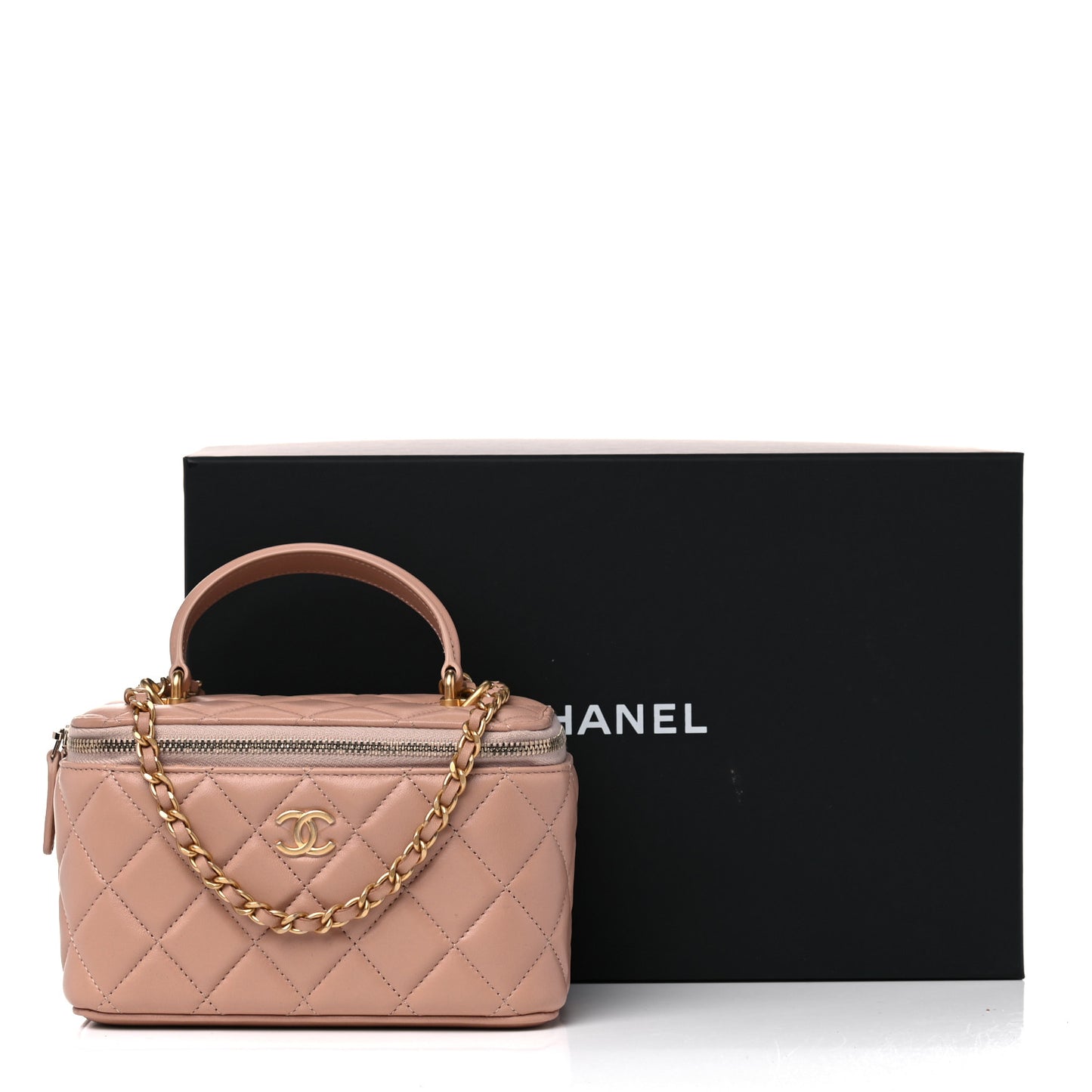 Lambskin Quilted Small Top Handle Vanity Case With Chain Beige