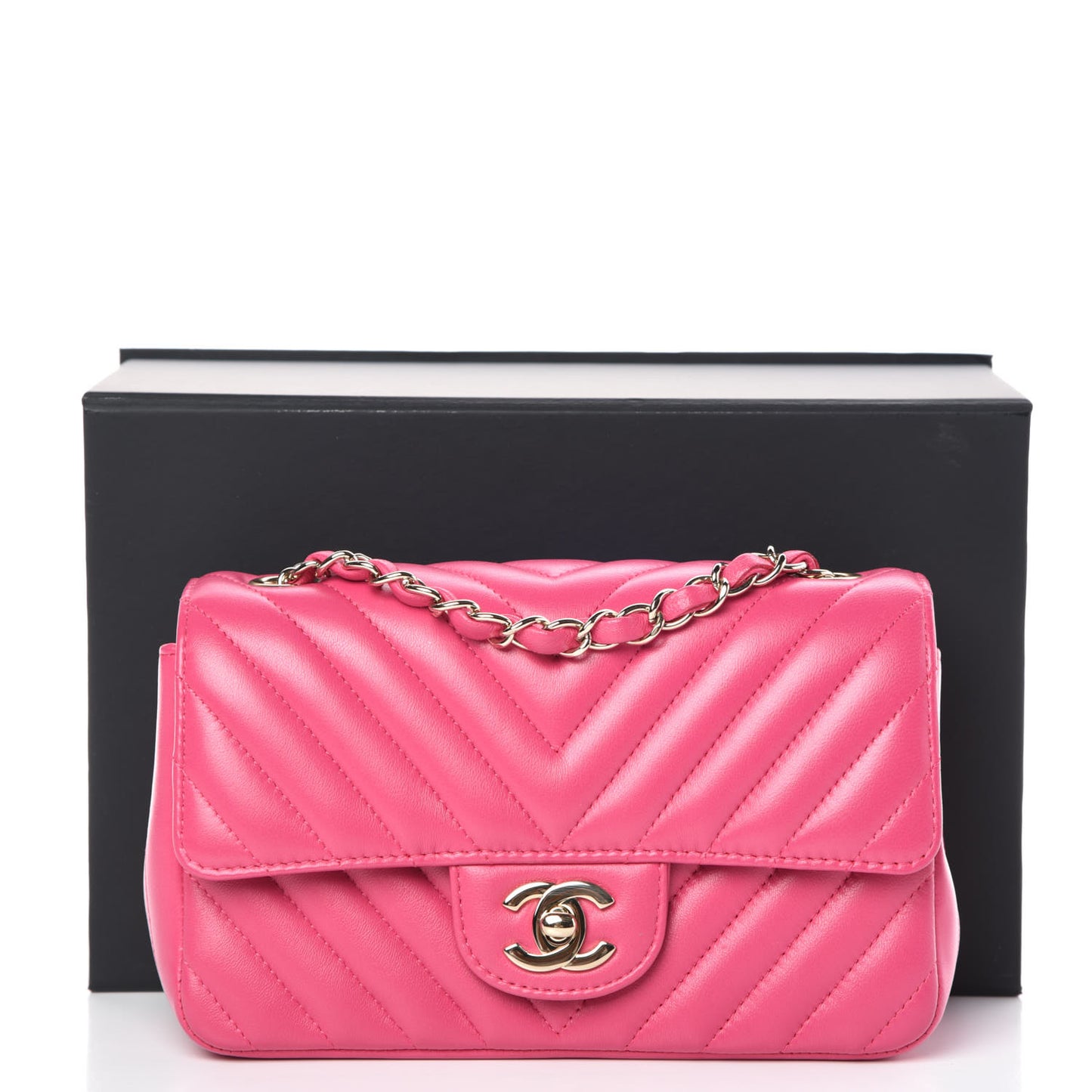 Lambskin Chevron Quilted Mini Rectangular Flap Fuchsia