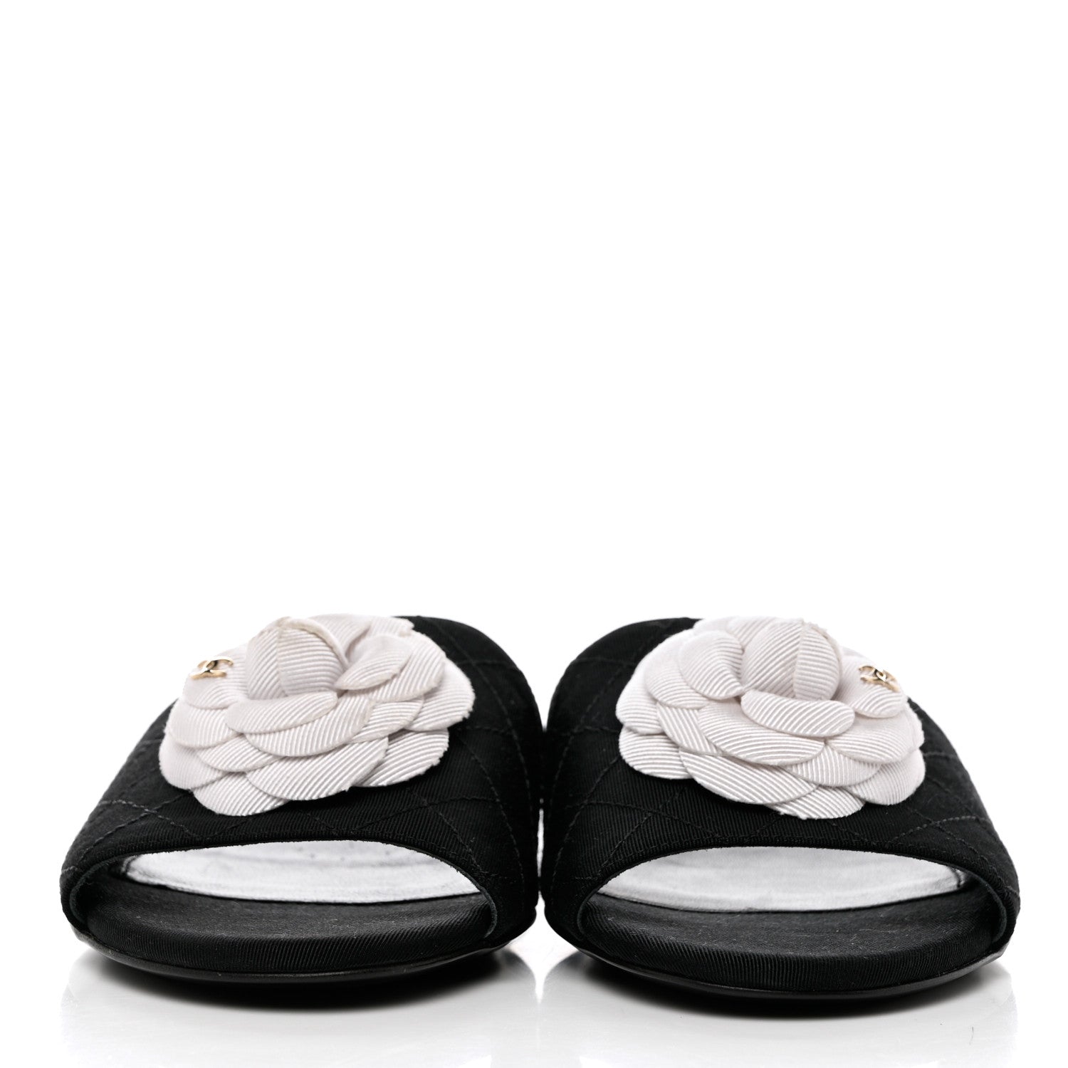 Chanel Grosgrain Quilted Camellia CC Slides 37.5 Black White 2 of 10