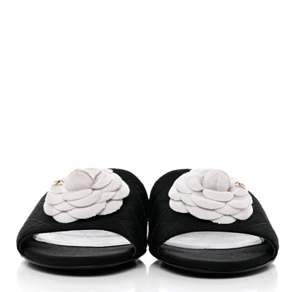 Chanel Grosgrain Quilted Camellia CC Slides 37.5 Black White 2 of 10