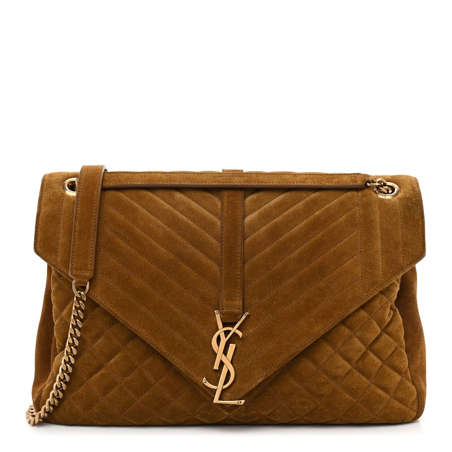Saint Laurent Suede Mixed Matelasse Tri-Quilt Large Monogram Envelope Satchel Brown 1 of 8