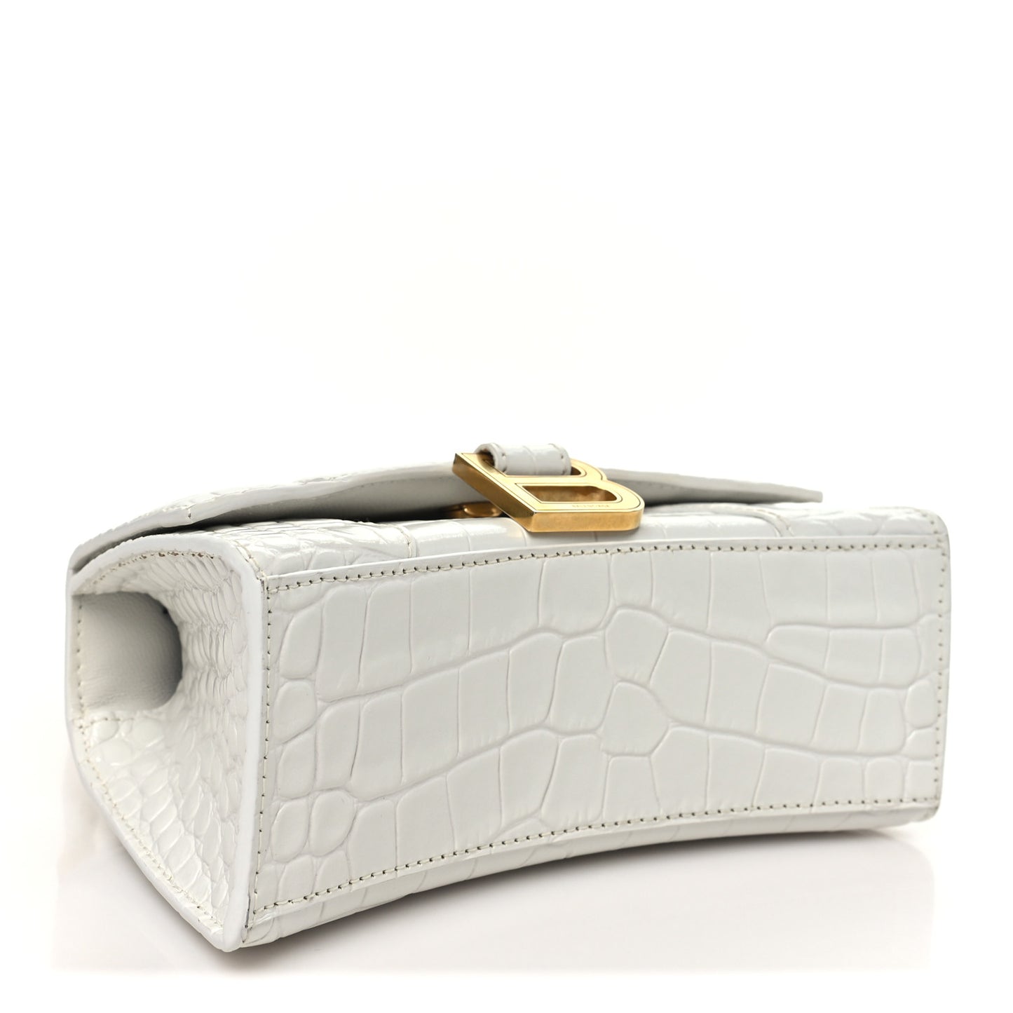 Shiny Calfskin Crocodile Embossed Hourglass Top Handle Bag XS White