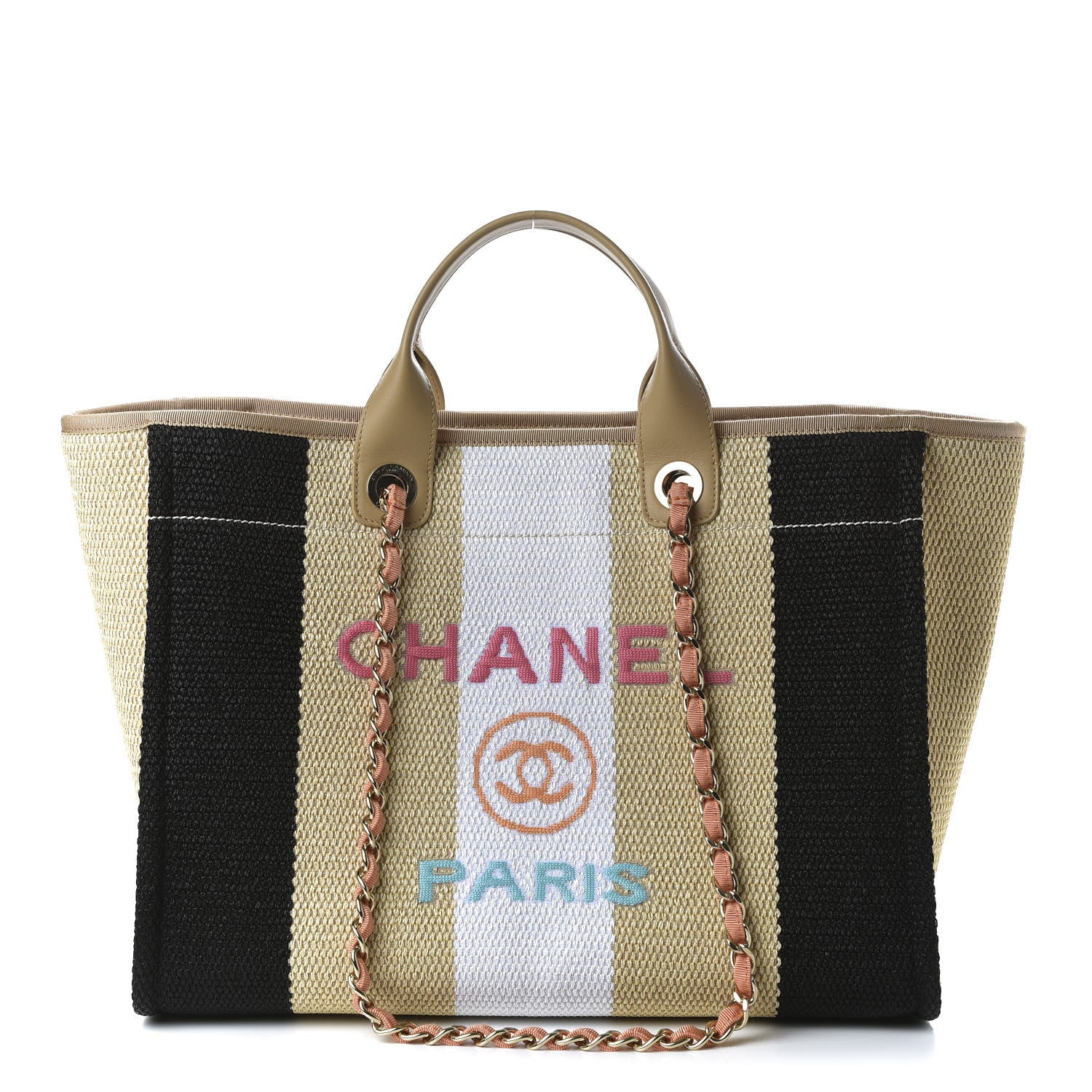 Chanel Straw Raffia Calfskin Striped Medium Deauville Tote Black Beige Ivory 1 of 12