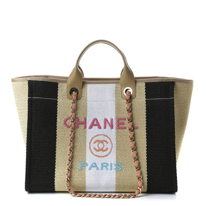 Chanel Straw Raffia Calfskin Striped Medium Deauville Tote Black Beige Ivory 1 of 12