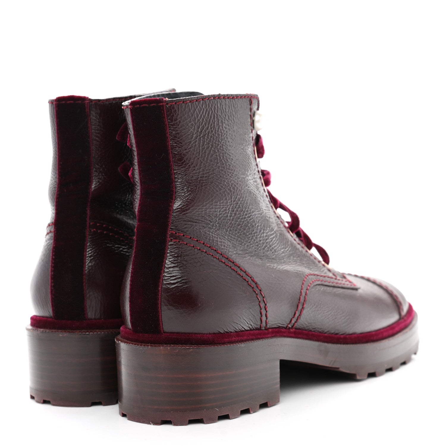Chanel Calfskin Velvet Pearl Combat Short Boots 39.5 Burgundy 4 of 8