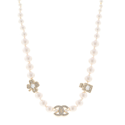 Chanel Pearl Crystal CC Short Charm Necklace Gold 1 of 6