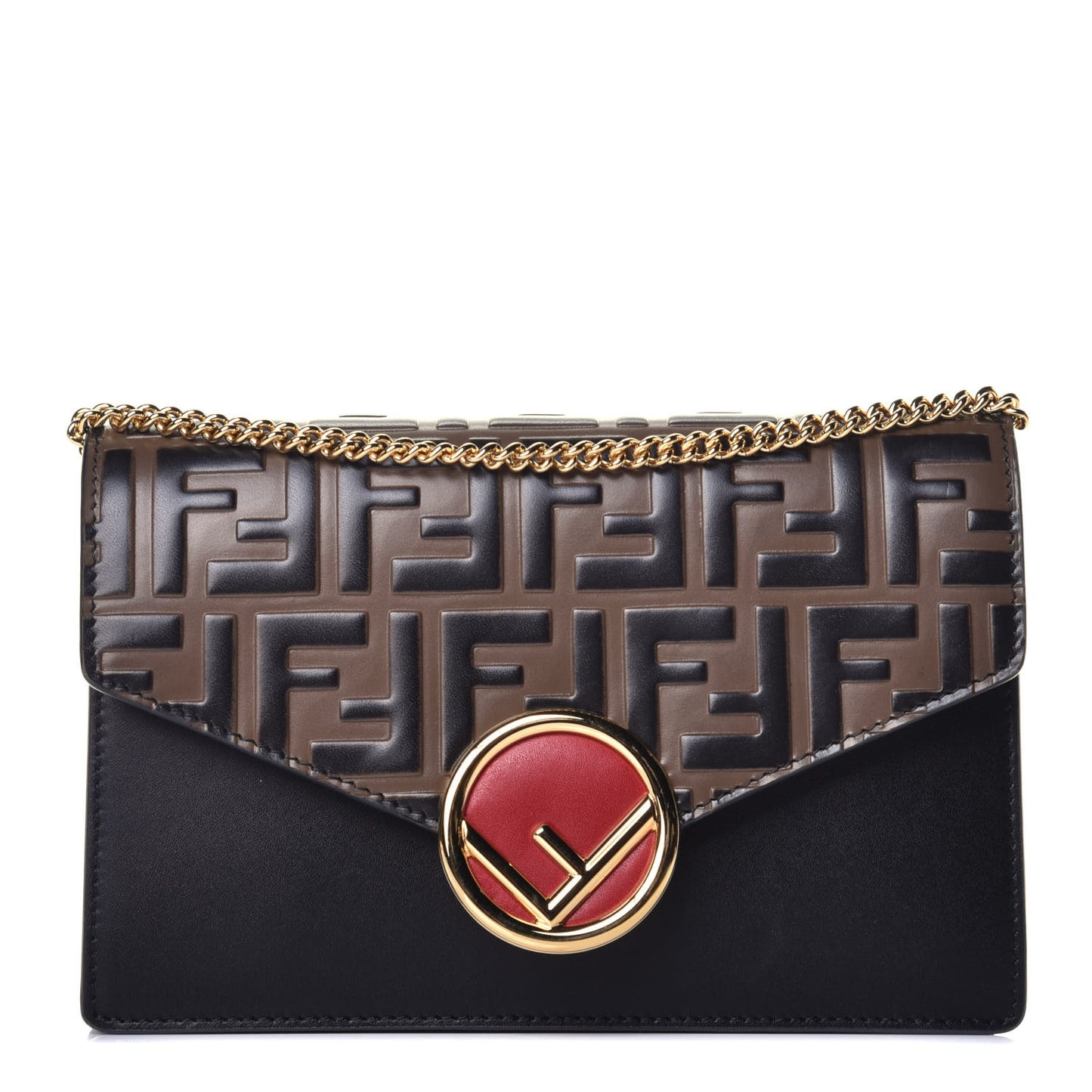Vitello Liberty F is Fendi Bi-Color FF 1974 Embossed Medium Envelope Wallet On Chain Black Maya