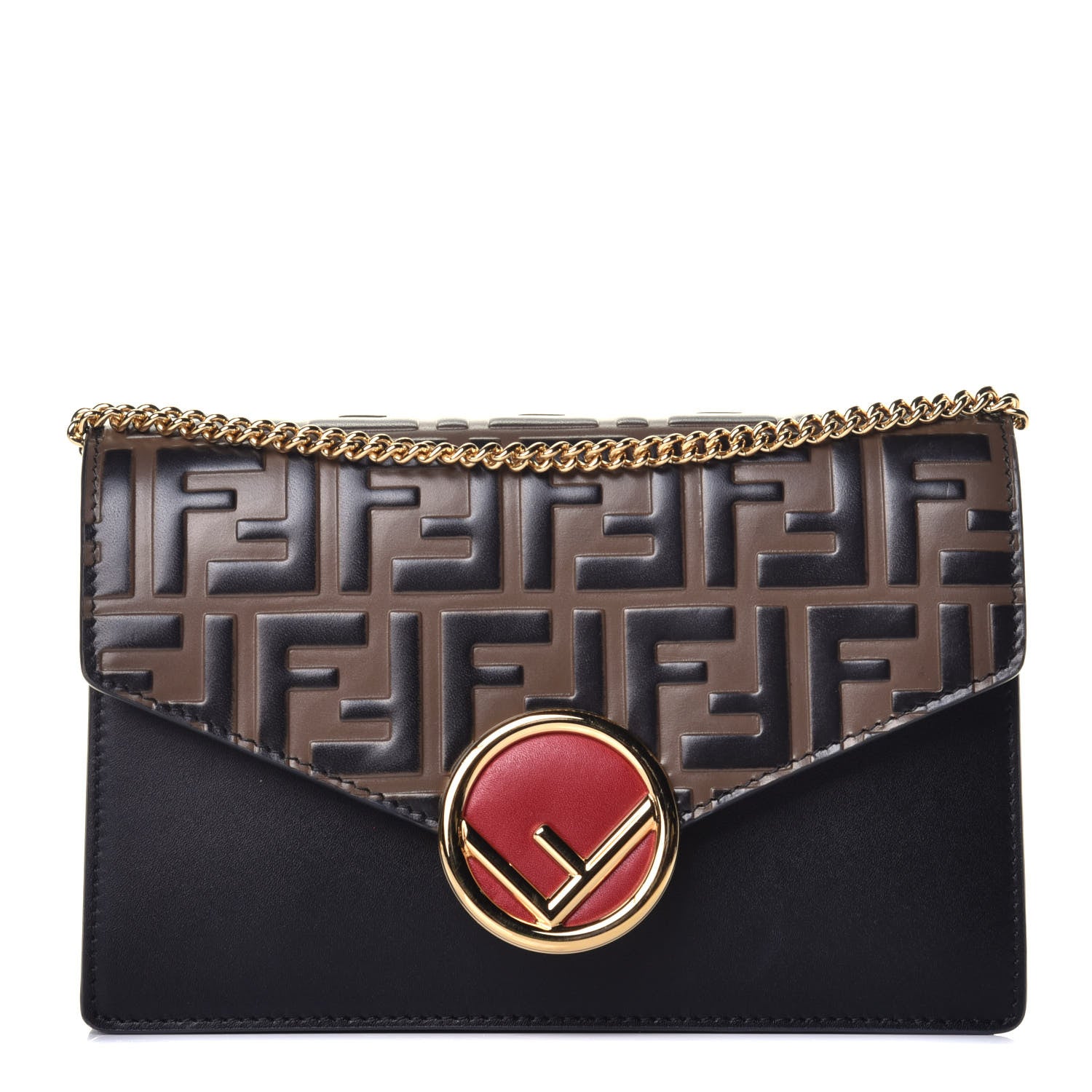 Fendi Vitello Liberty F is Fendi Bi-Color FF 1974 Embossed Medium Envelope Wallet On Chain Black Maya 1 of 10