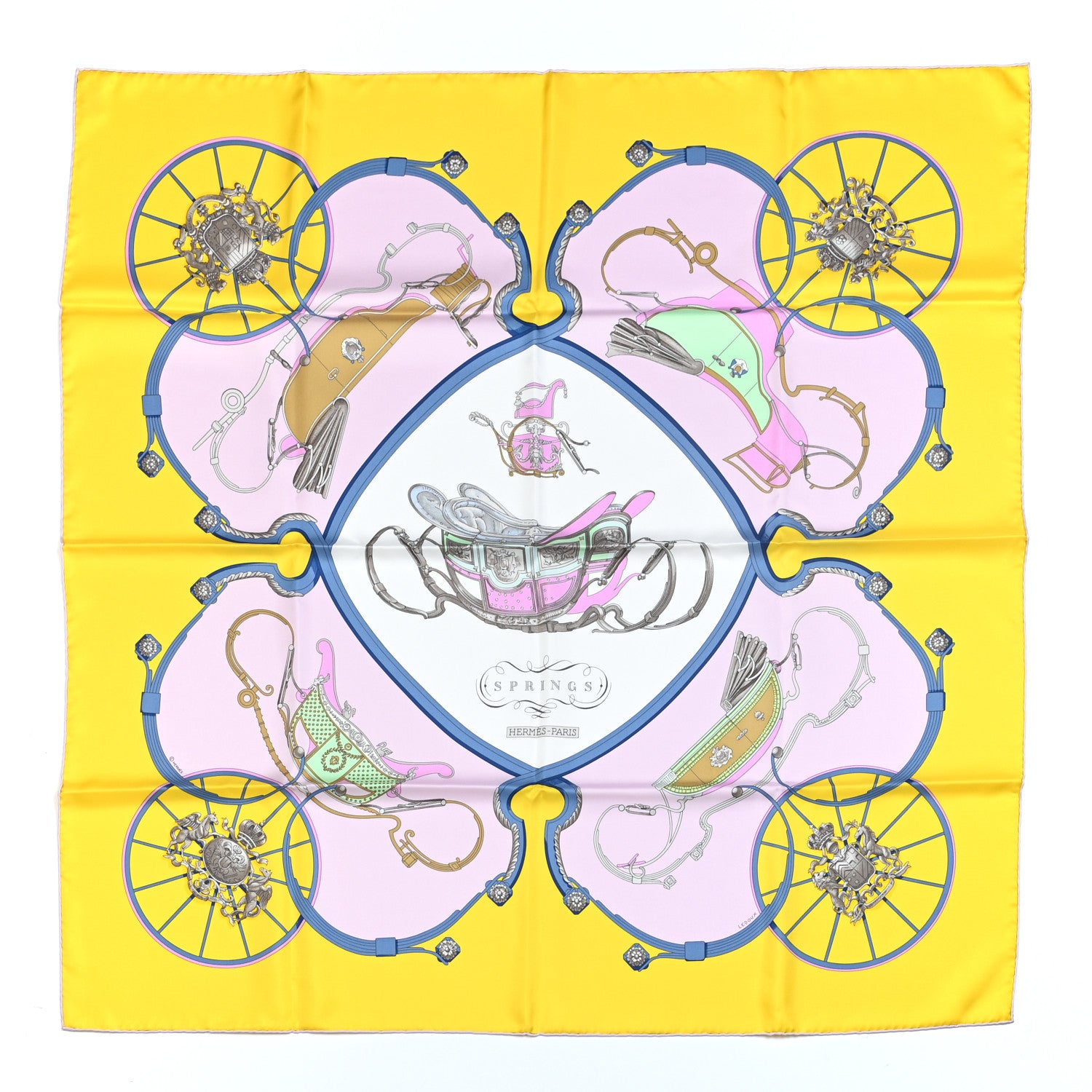 Hermes Silk Springs Scarf 90 Jaune Citron Parme Blanc 1 of 5