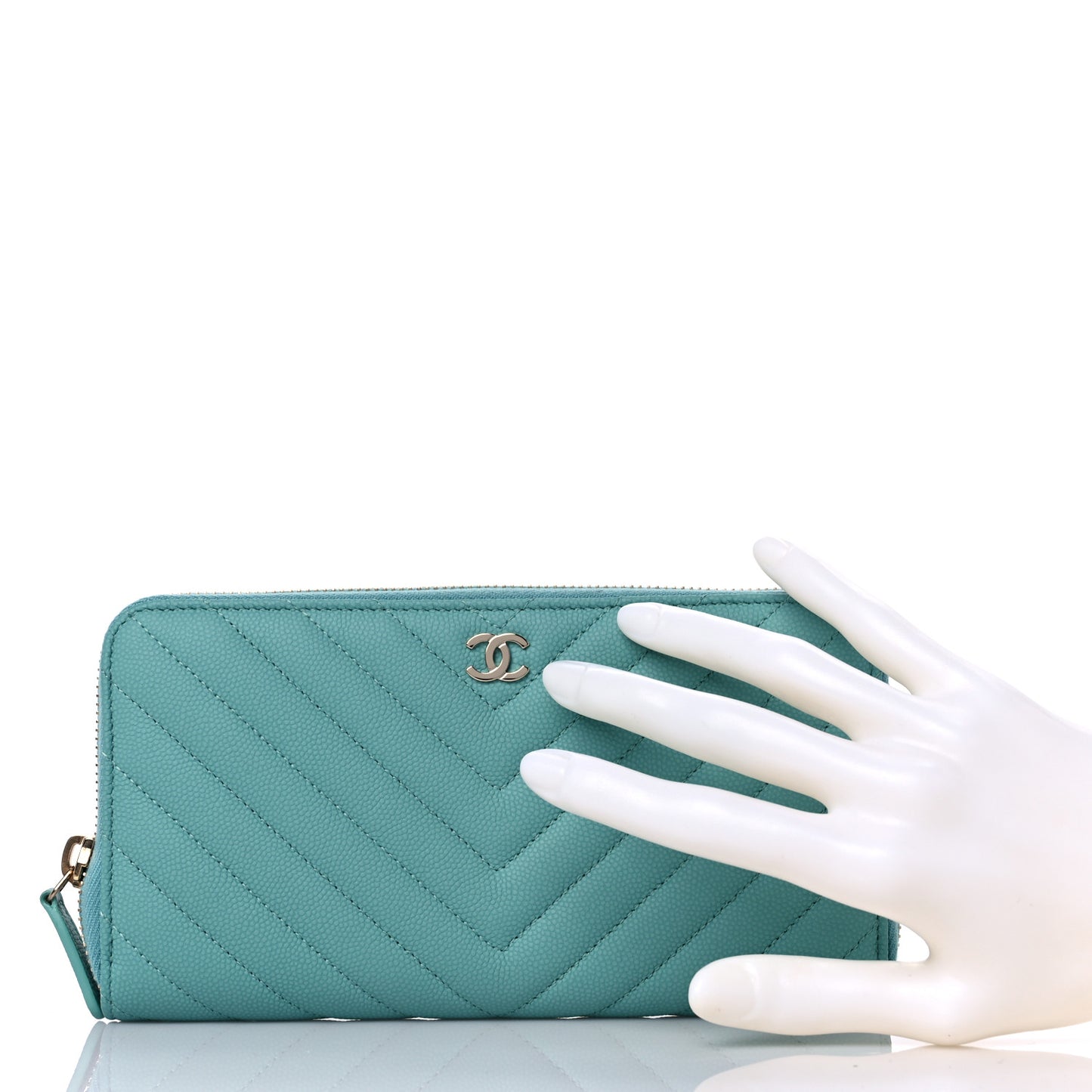 Caviar Chevron Large Gusset Zip Around Wallet Turquoise