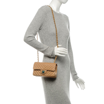 Chanel Calfskin Chevron Quilted Mini Rectangular Flap Dark Beige 2 of 7