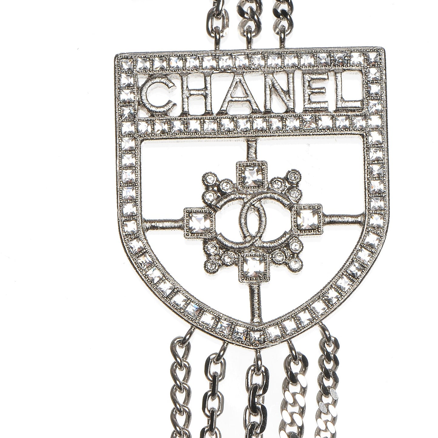 Baguette Crystal CC Shield Multi Strand Long Chain Necklace Silver