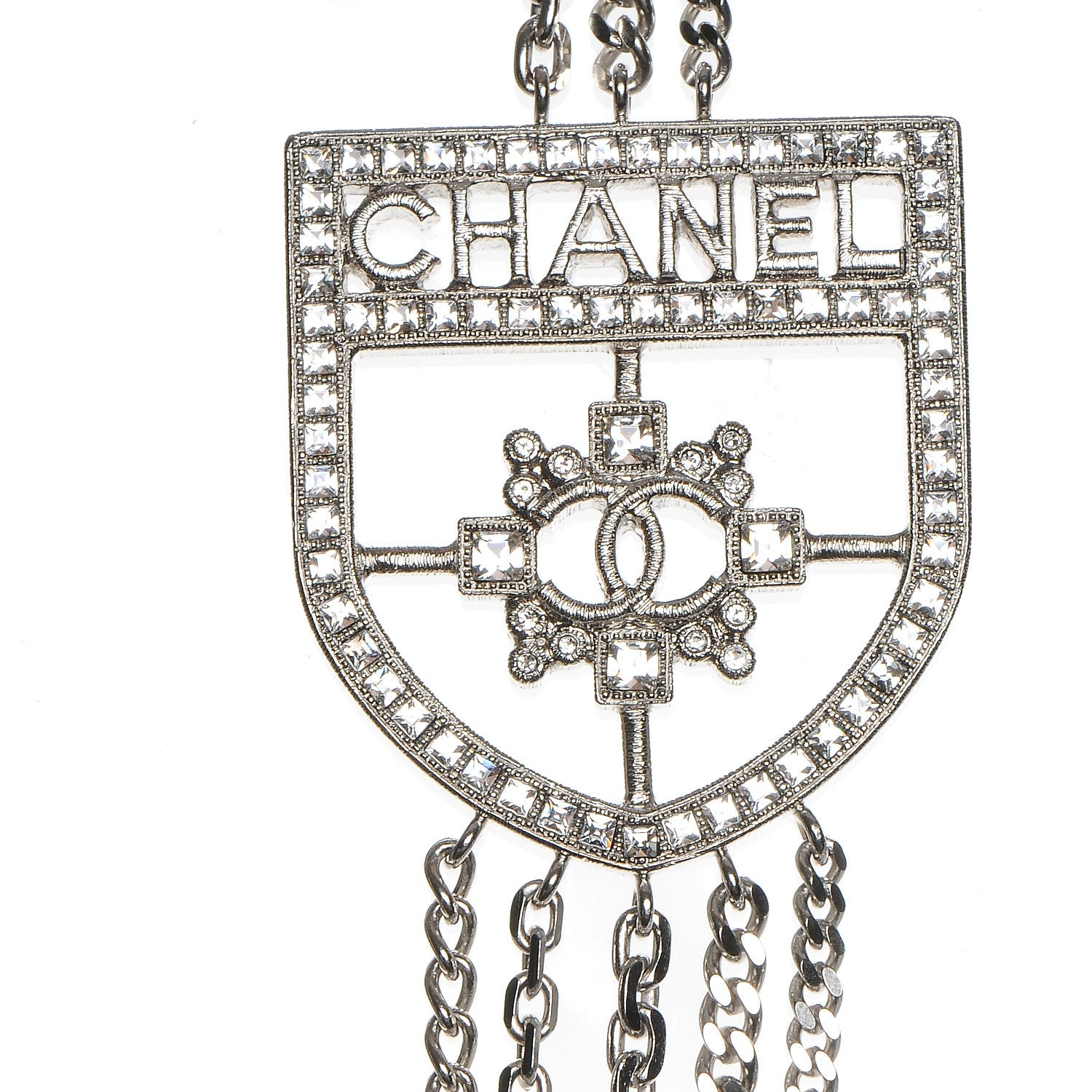 Chanel Baguette Crystal CC Shield Multi Strand Long Chain Necklace Silver 4 of 7