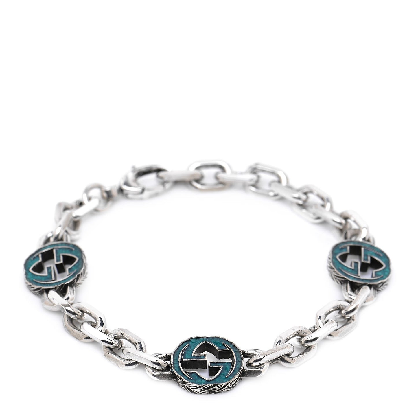Sterling Silver Enamel Interlocking G Link Bracelet Turquoise