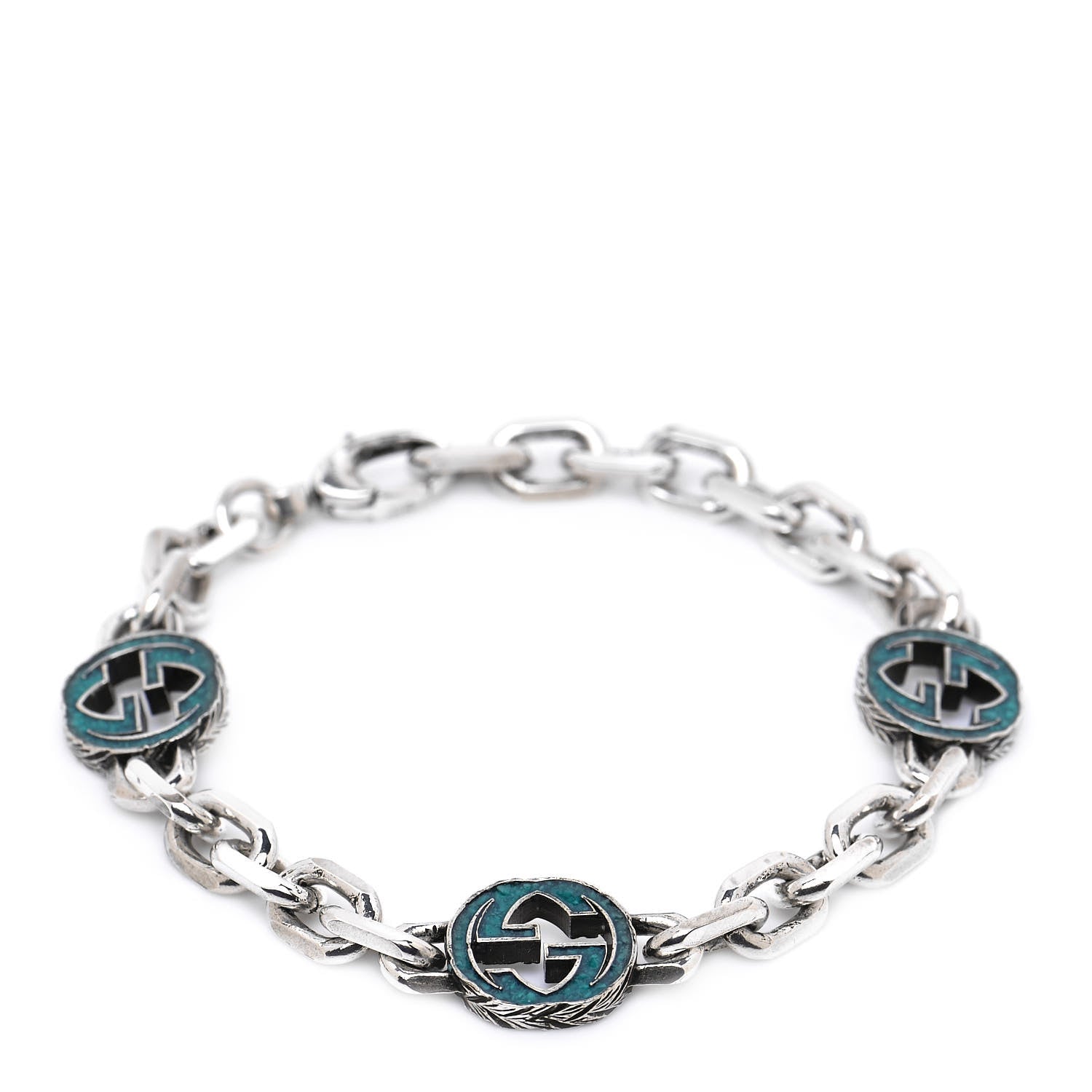 Gucci Sterling Silver Enamel Interlocking G Link Bracelet Turquoise 1 of 5