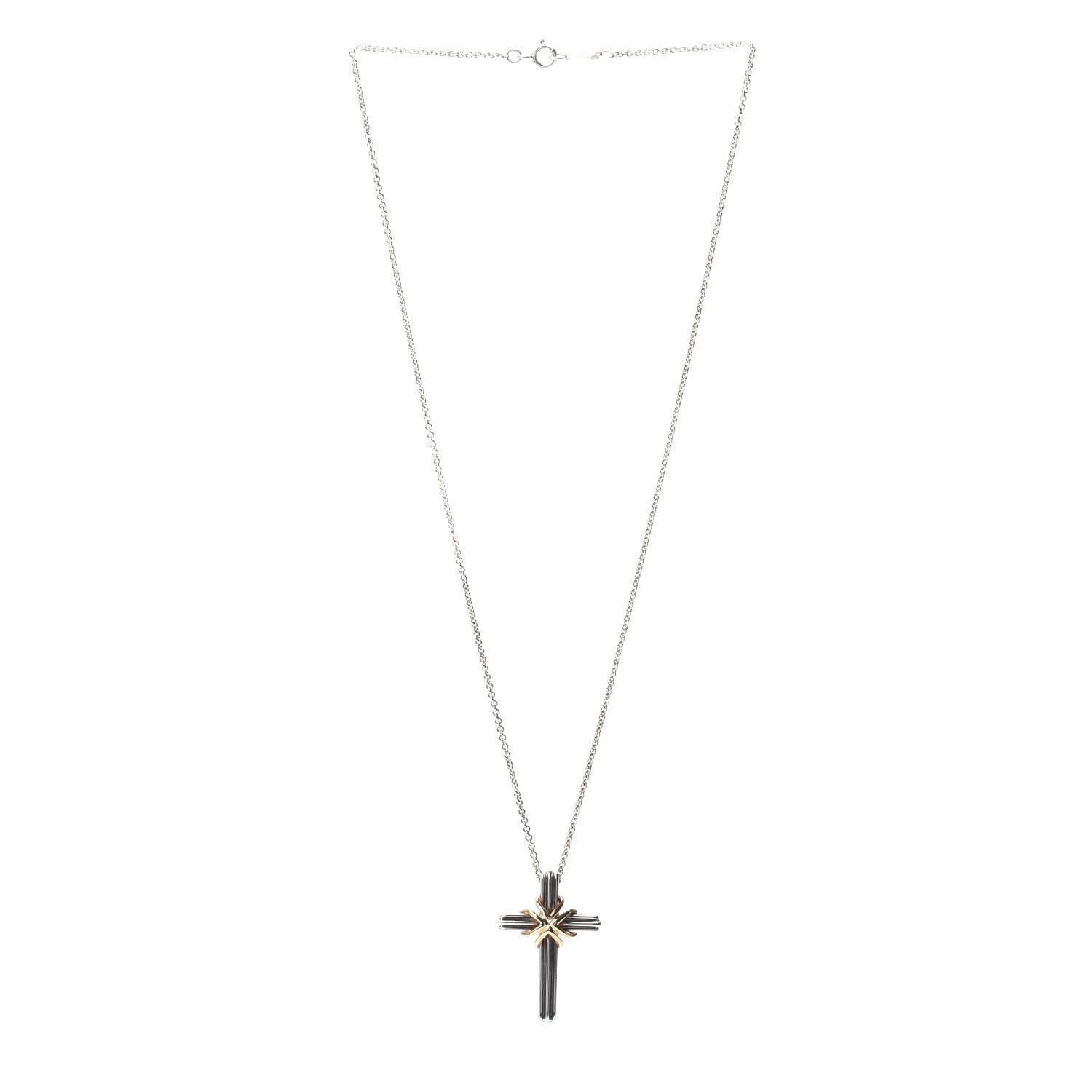 Tiffany Sterling Silver 18K Yellow Gold Cross Pendant Necklace 3 of 4