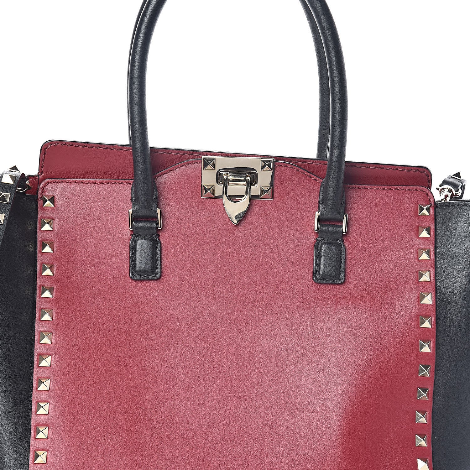 Valentino Garavani Vitello Bi-Color Rockstud Double Handle Tote Scarlet Black 7 of 9