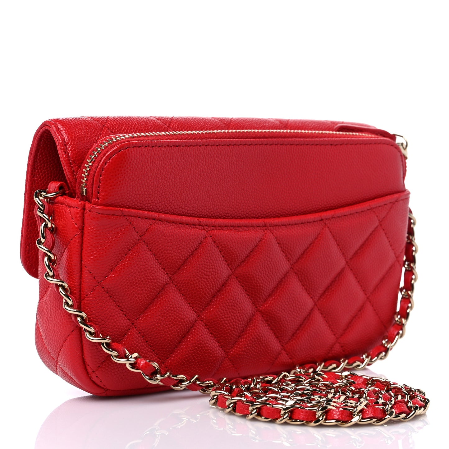 Caviar Quilted Flap Phone Holder With Chain Red