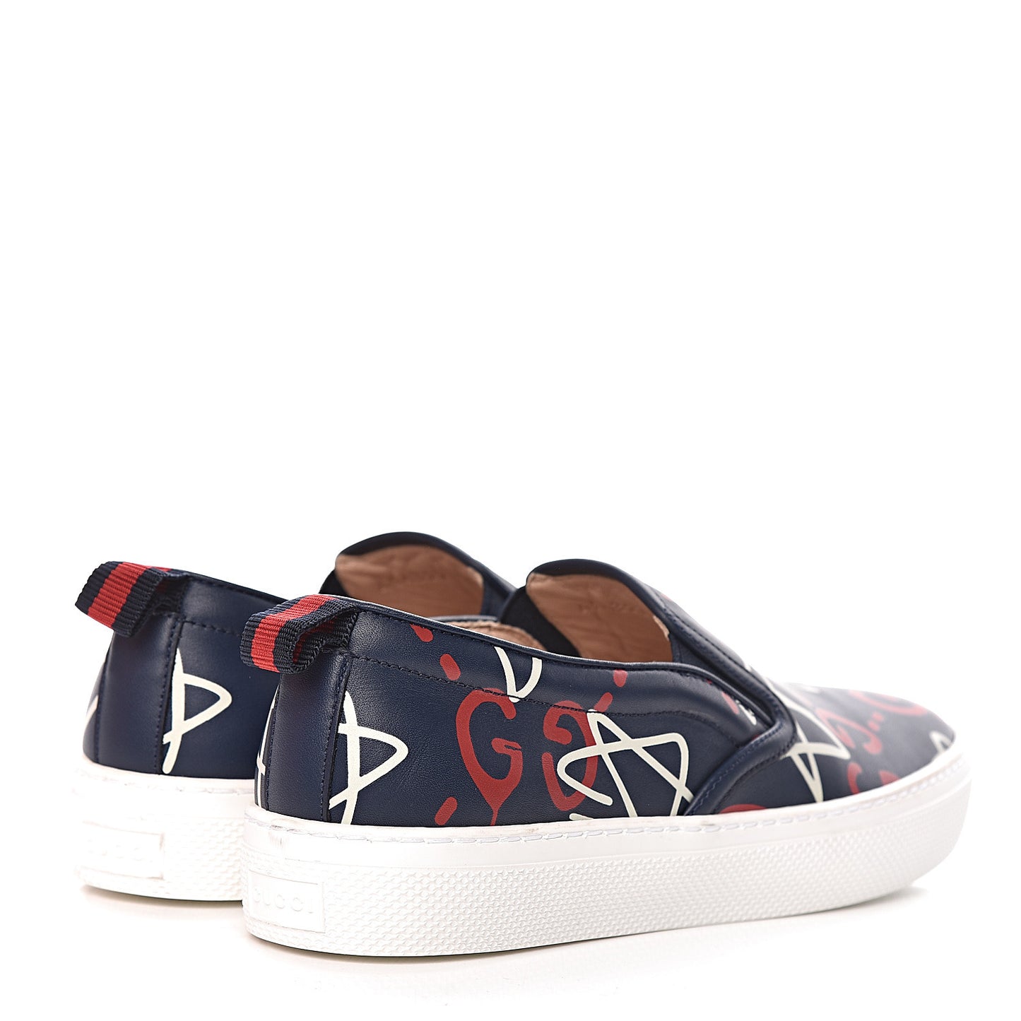 Calfskin GucciGhost Print Womens Slip On Sneakers 36.5 Blue Agata Hibiscus Red