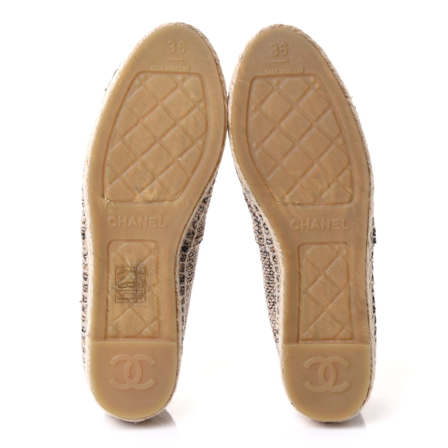 Tweed Grosgrain CC Espadrilles 36 Gold Beige Black