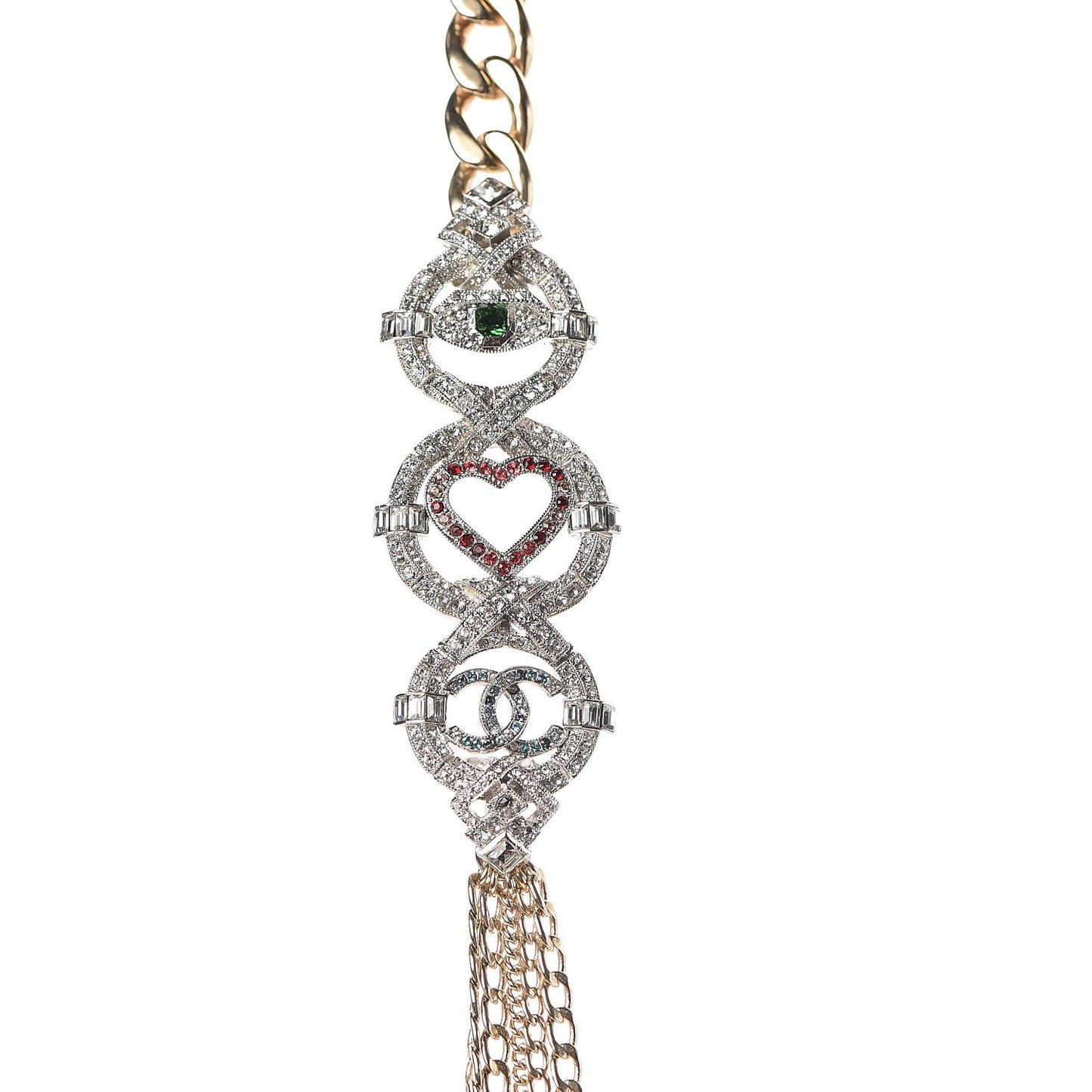 Crystal Eye Heart CC Multi Strand Chain Necklace Gold Green Pink Blue