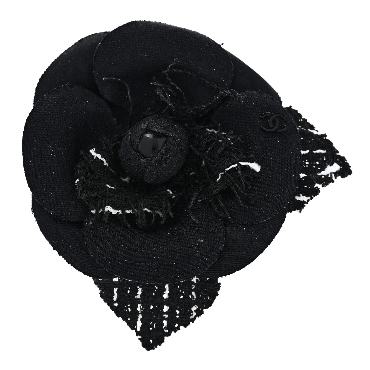Chanel Tweed Fabric Camellia Pin Brooch Black White 1 of 3