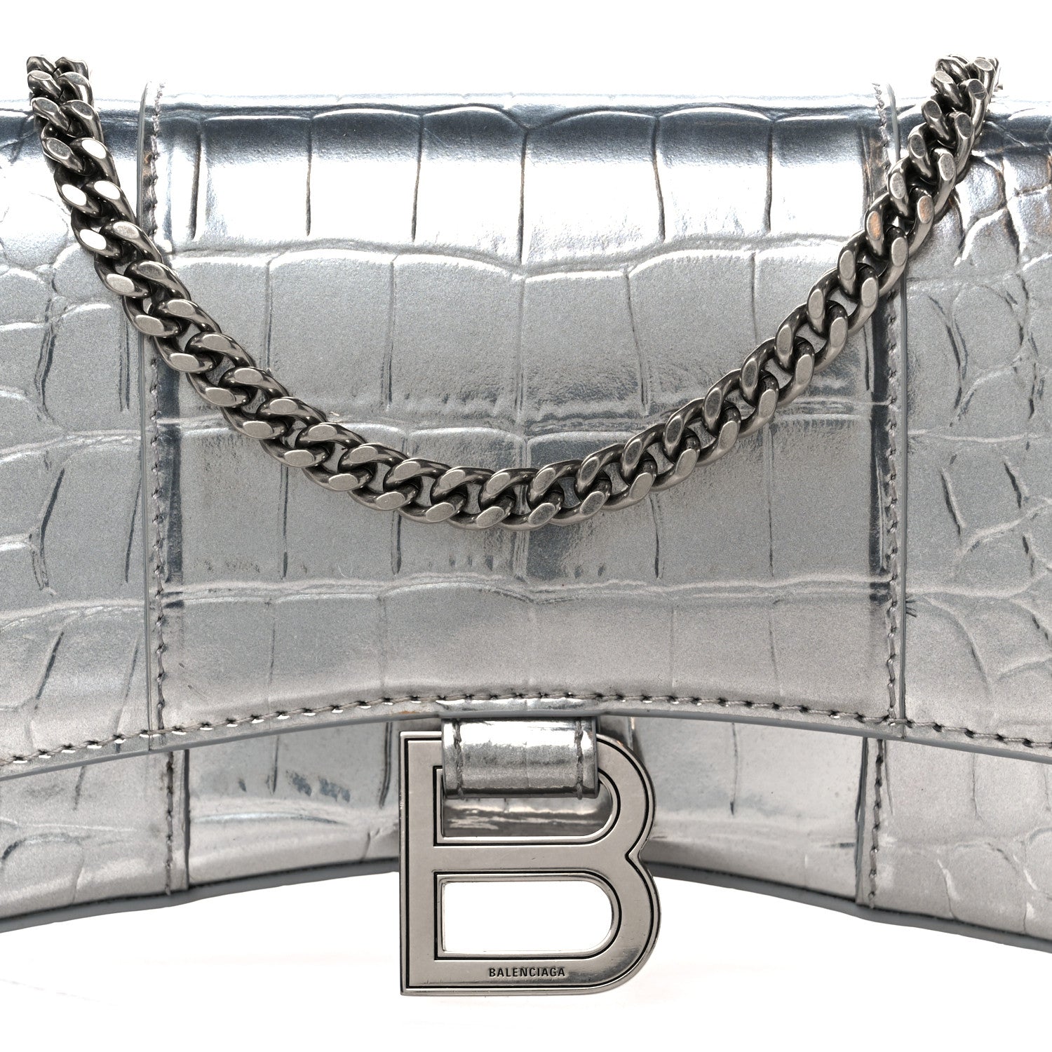 Balenciaga Shiny Calfskin Crocodile Embossed Hourglass Chain Bag Silver 9 of 11