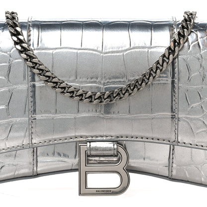 Balenciaga Shiny Calfskin Crocodile Embossed Hourglass Chain Bag Silver 9 of 11