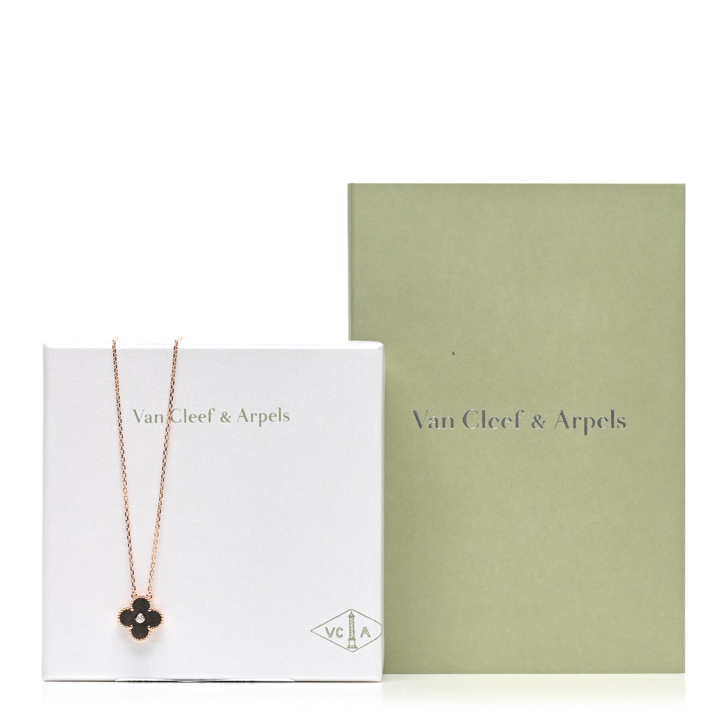 18K Rose Gold Diamond Silver Obsidian Vintage Alhambra Pendant Necklace