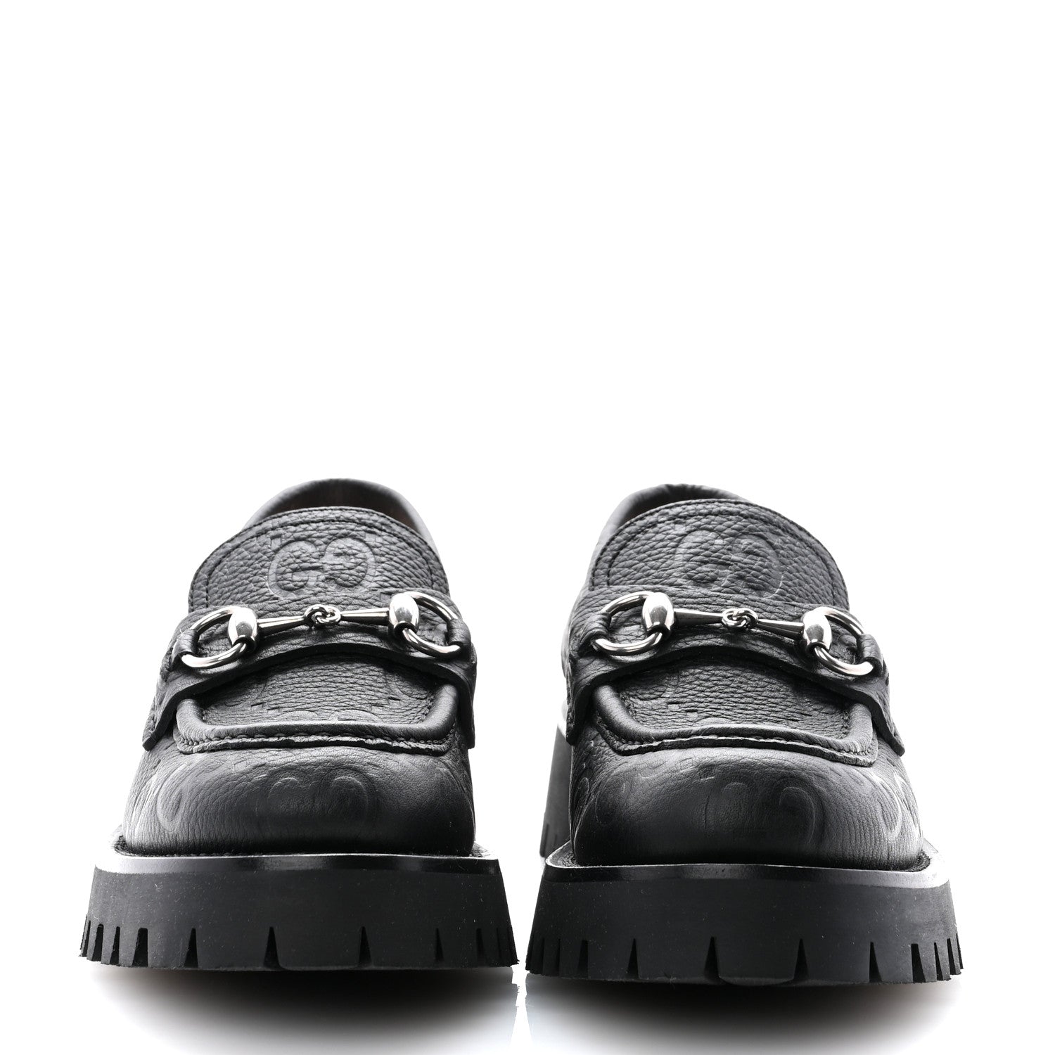 Gucci Piuma Calfskin Embossed Womens Platform Lug Sole Loafers 37.5 Black 2 of 12