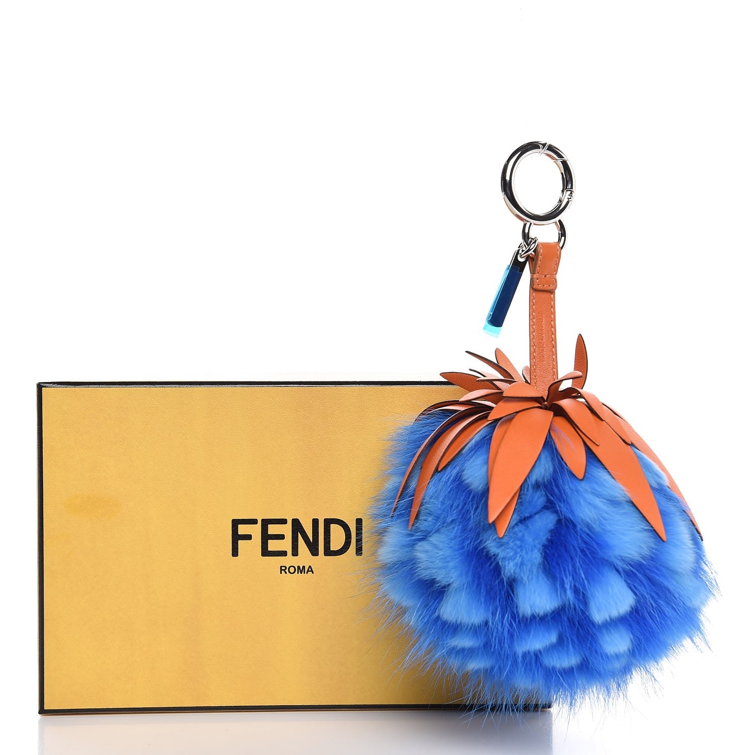 Fendi Fox Rabbit Fur Nappa Pineapple Bag Charm Royal Blue Papaya 5 of 5
