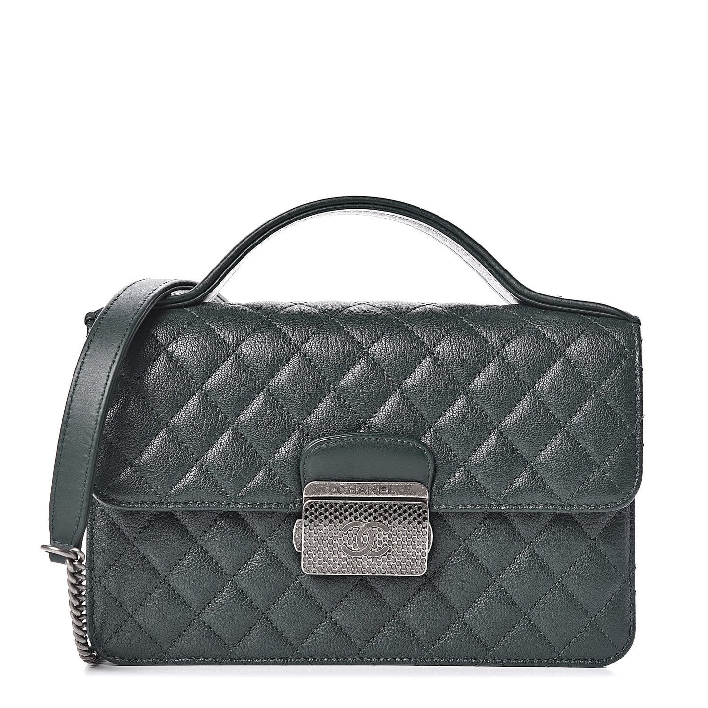 Goatskin Quilted Small CC University Top Handle Flap Dark Green