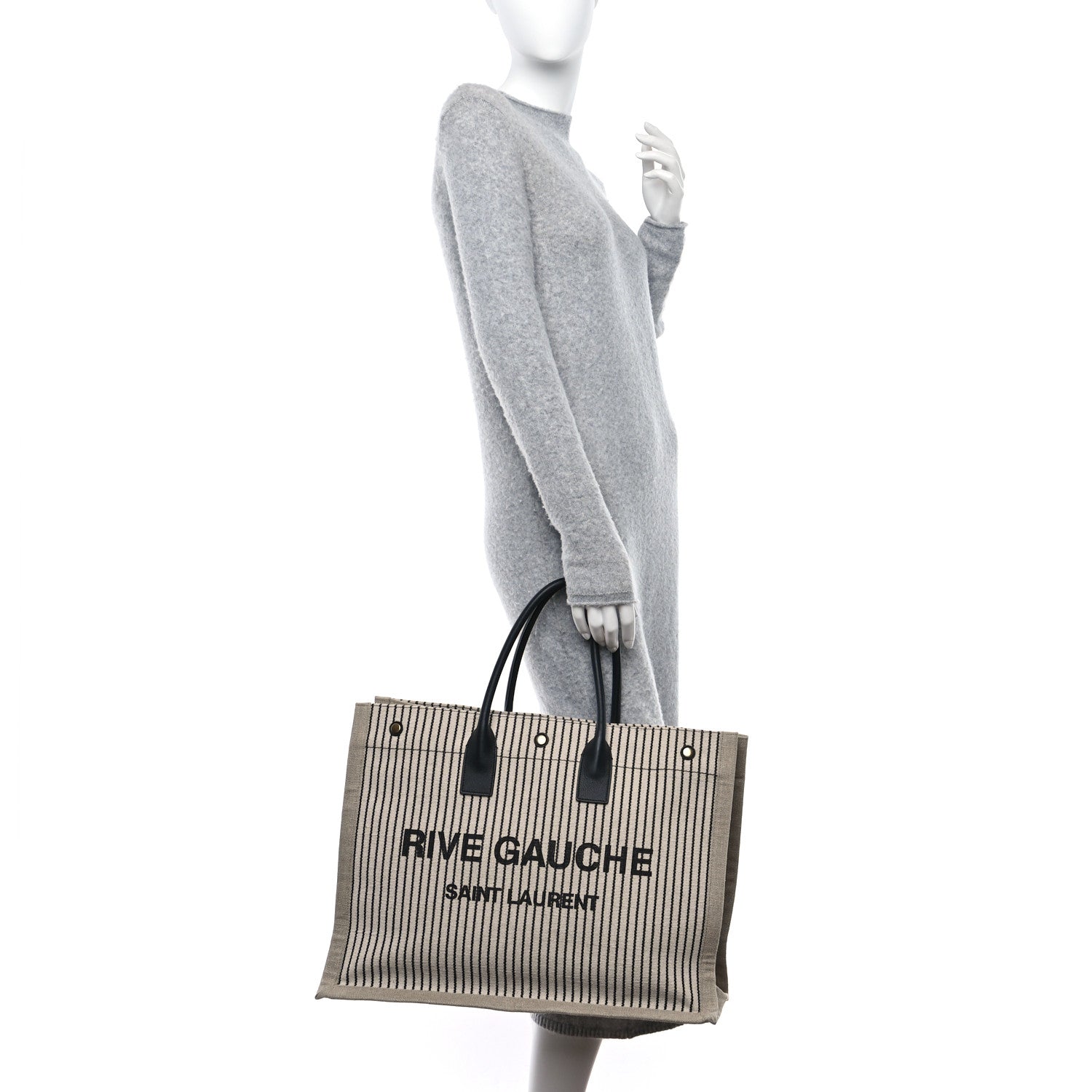 Saint Laurent Embroidered Cotton Linen Rive Gauche Noe Tote Natural Black 2 of 9