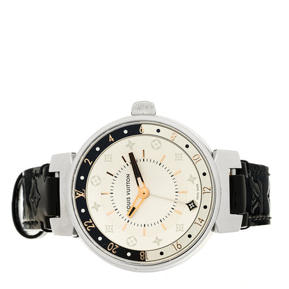 Louis Vuitton Stainless Steel Monogram 35mm Tambour Moon Dual Time Quartz Watch Silver 2 of 6