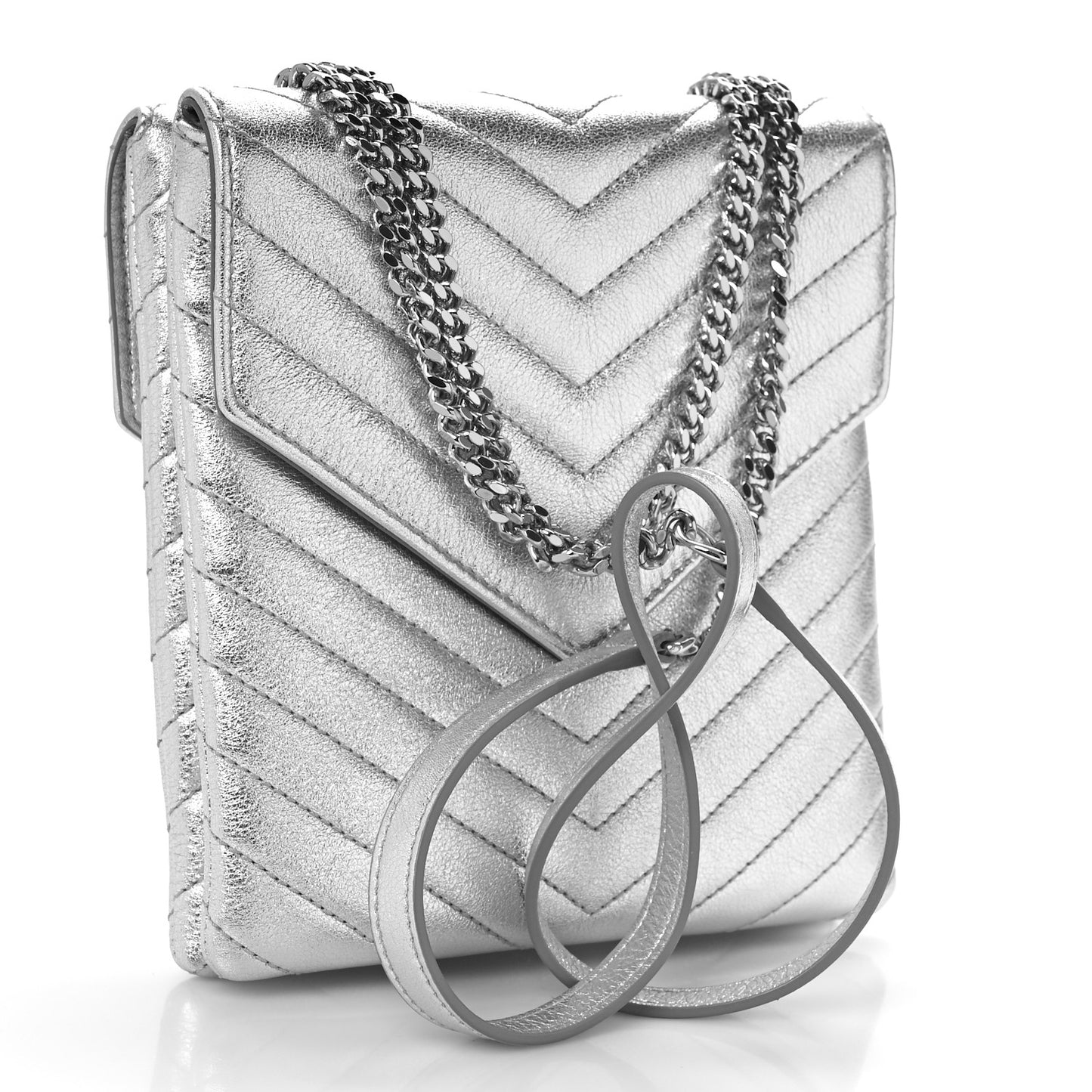 Metallic Lambskin Quilted Double Flap Bag Silver