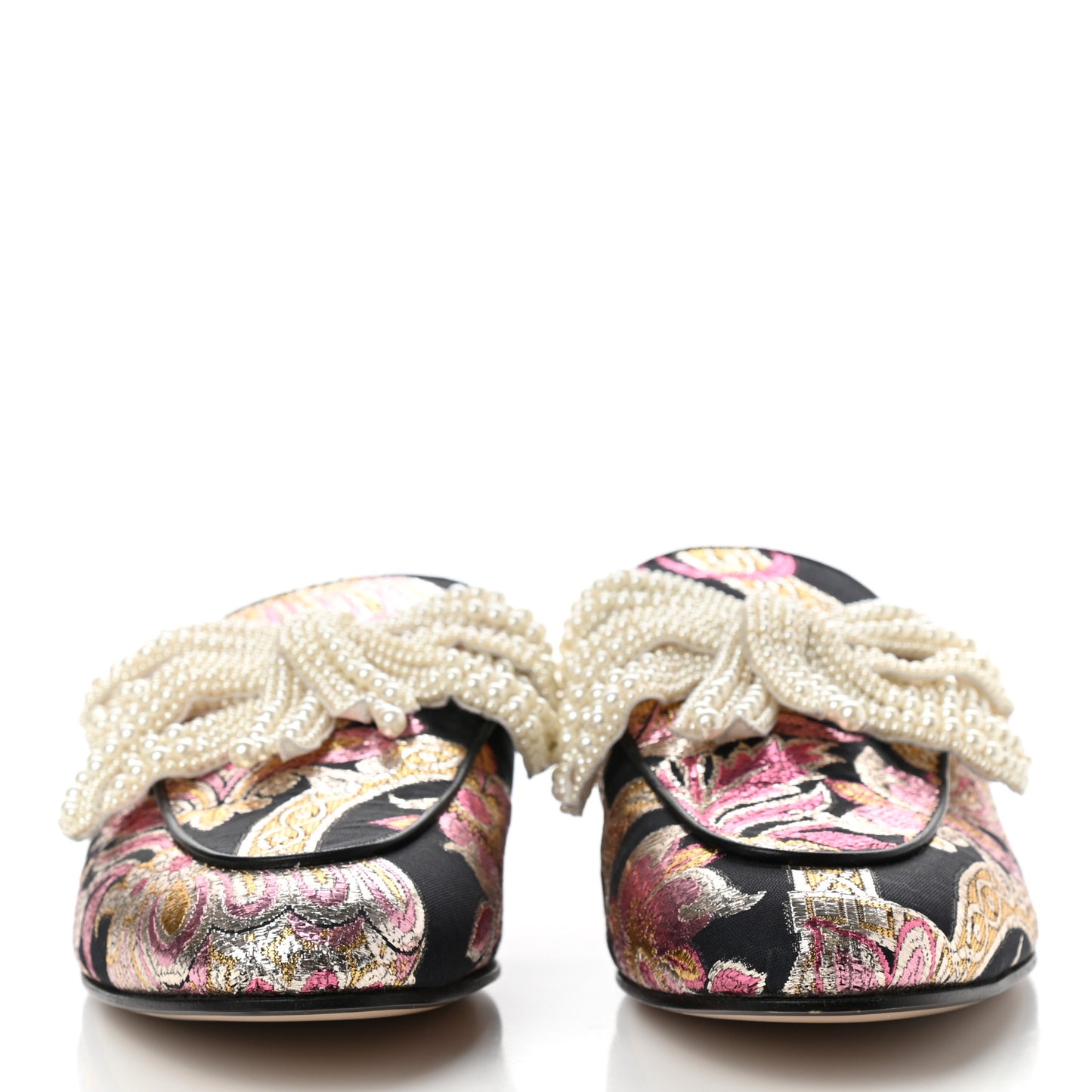 Iridescent Brocade Pearl Bow Womens Princetown Slippers 39 Black Pink