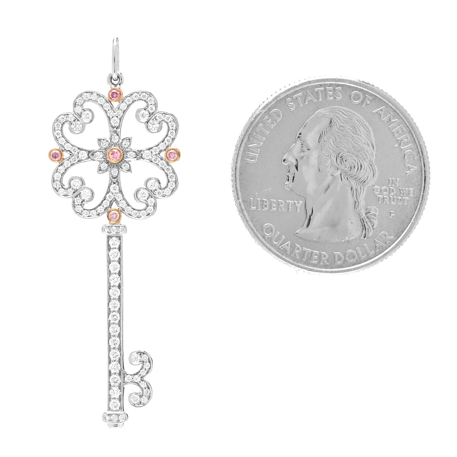 Tiffany Platinum 18K Rose Gold Pink White Diamond Enchant Quatra Heart Key Pendant 2 of 3