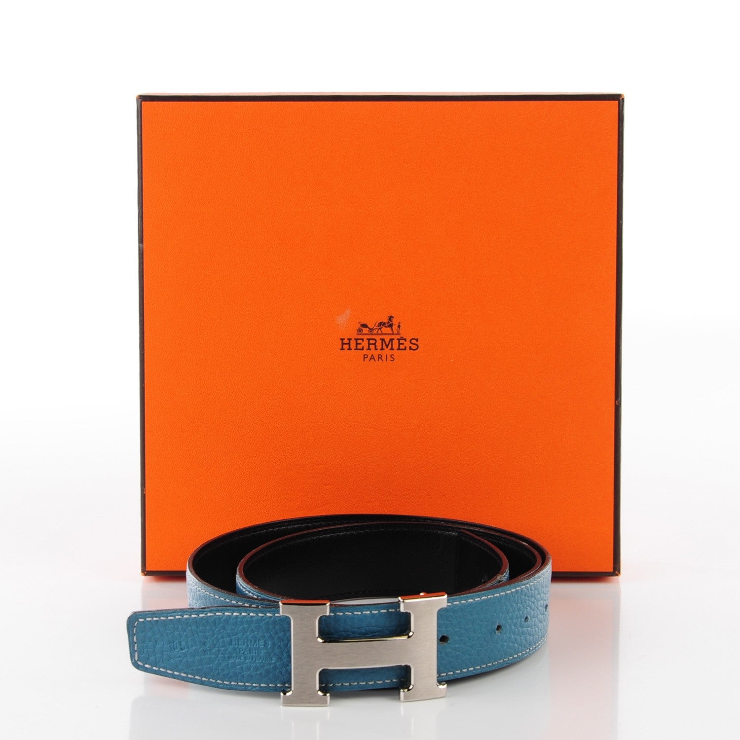 Hermes Box Togo 24mm H Belt 85 Black Blue Jean 9 of 14