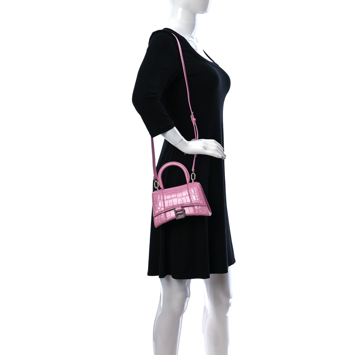 Shiny Calfskin Crocodile Embossed Hourglass Top Handle Bag XS Candy Pink