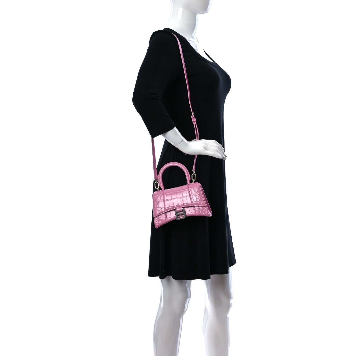Balenciaga Shiny Calfskin Crocodile Embossed Hourglass Top Handle Bag XS Candy Pink 2 of 10