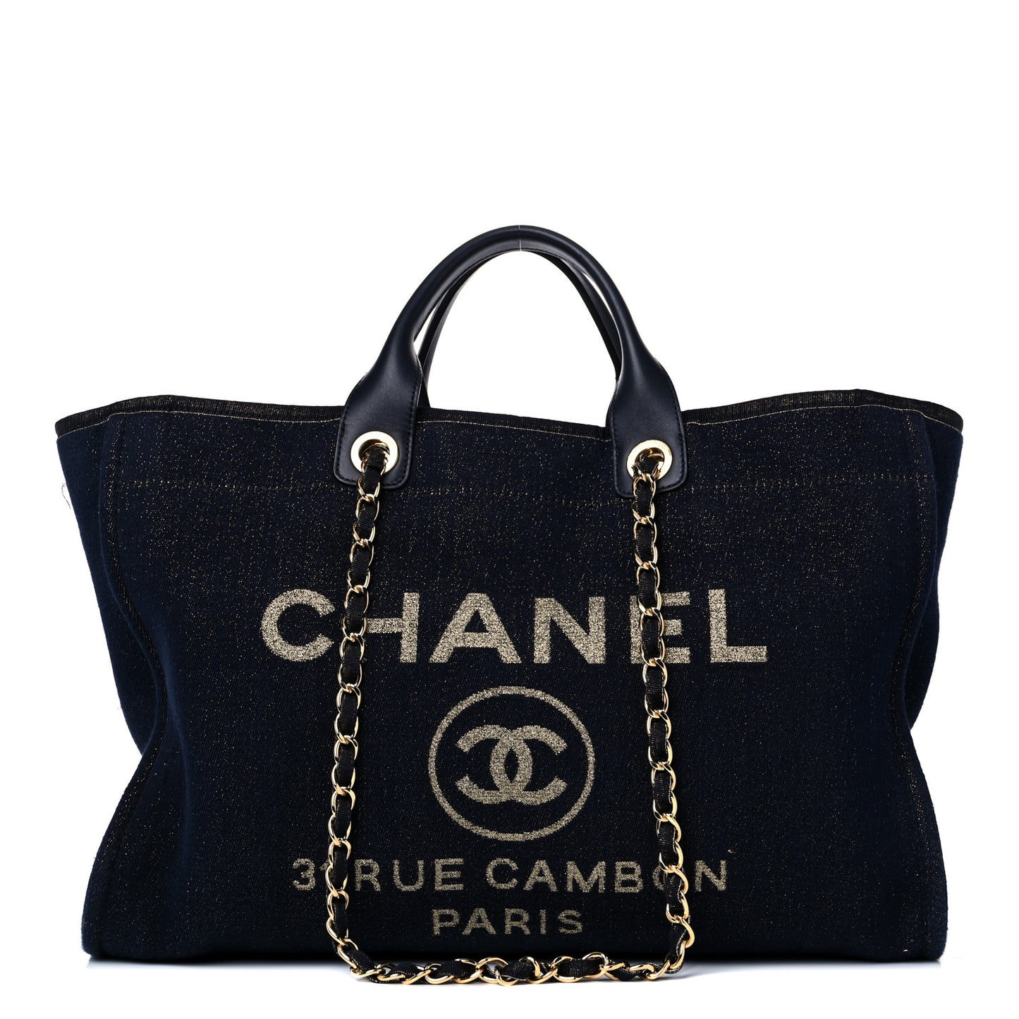 Lurex Canvas Medium Deauville Tote Navy Blue Gold