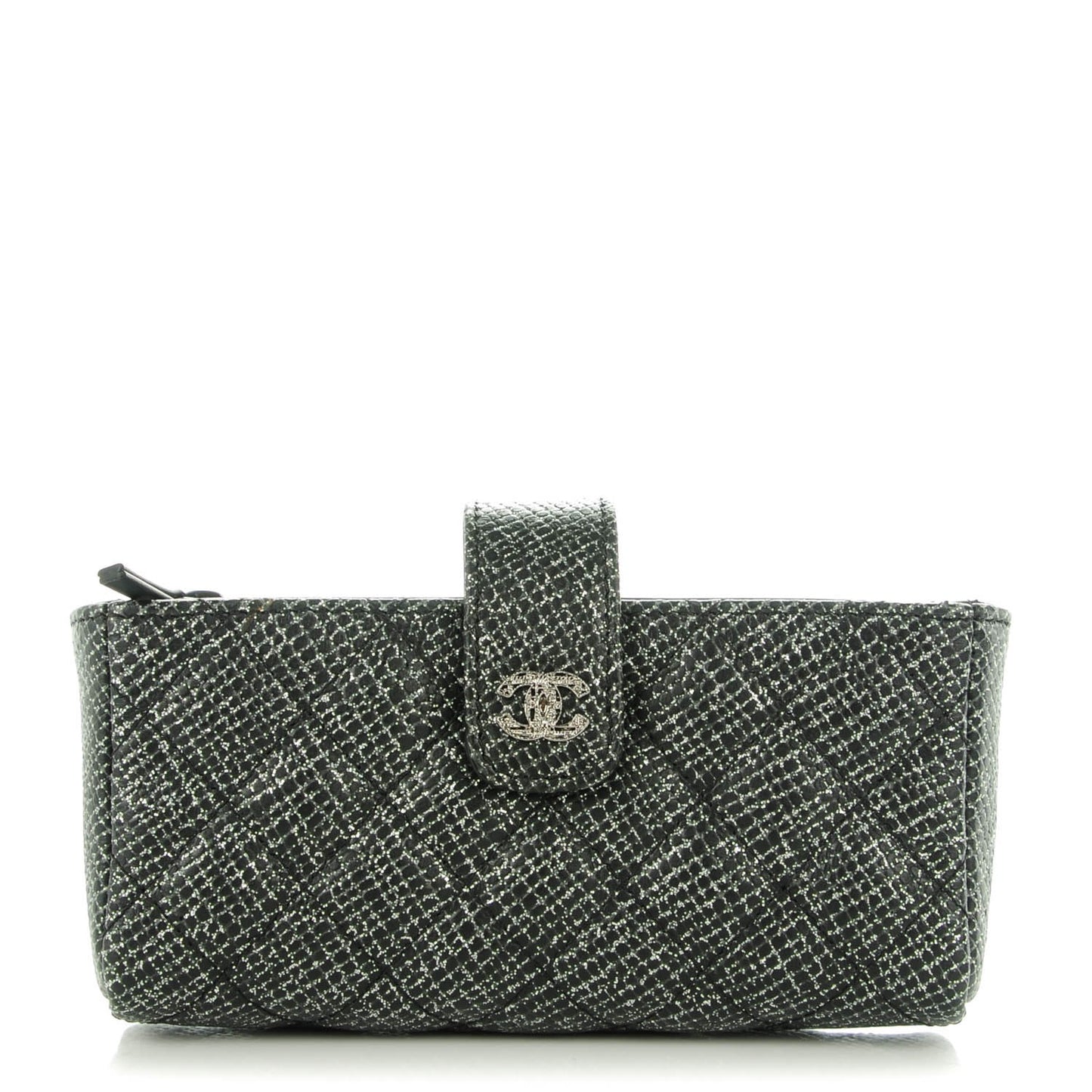 Glittered Calfskin Quilted Mini Phone Holder Clutch Black