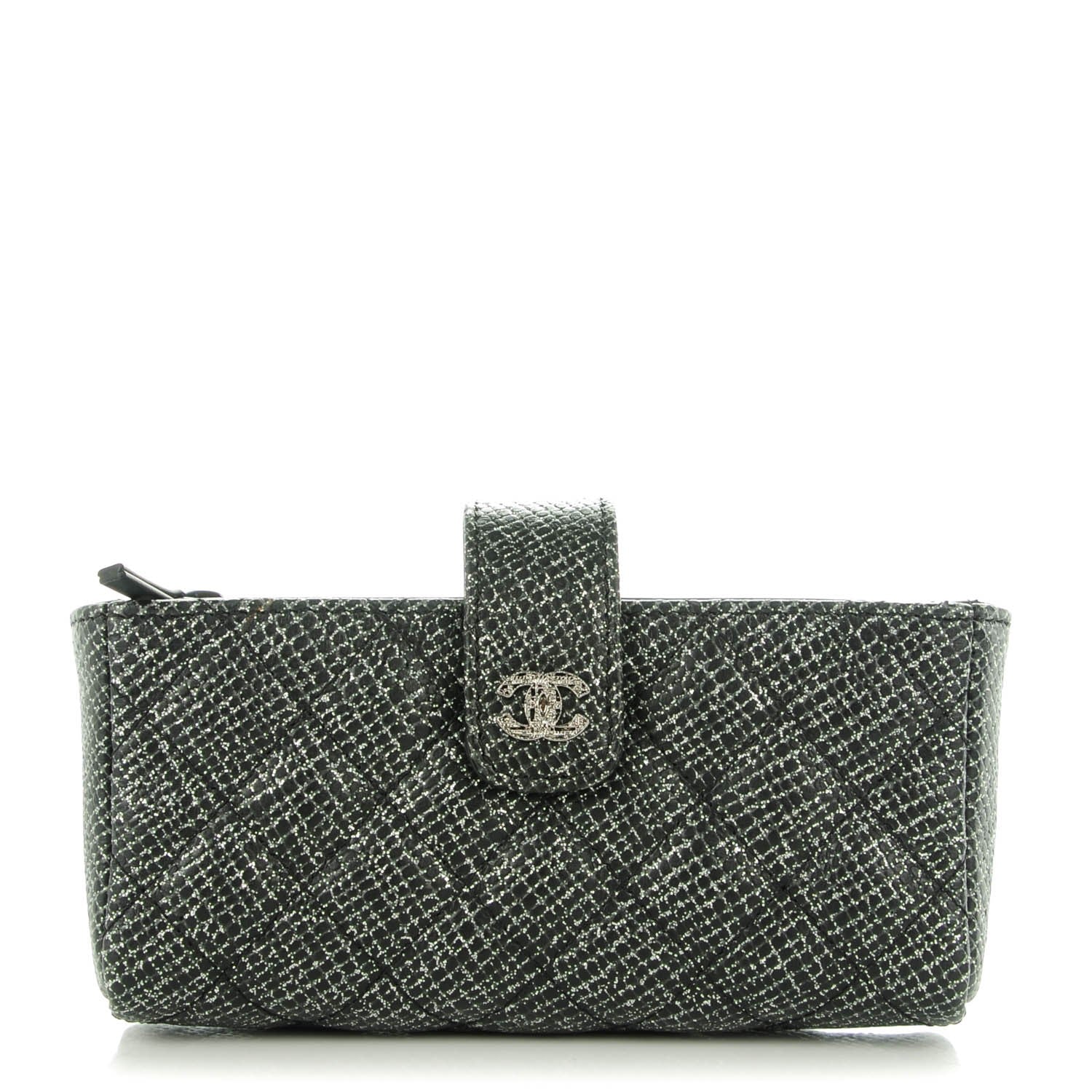 Chanel Glittered Calfskin Quilted Mini Phone Holder Clutch Black 1 of 8
