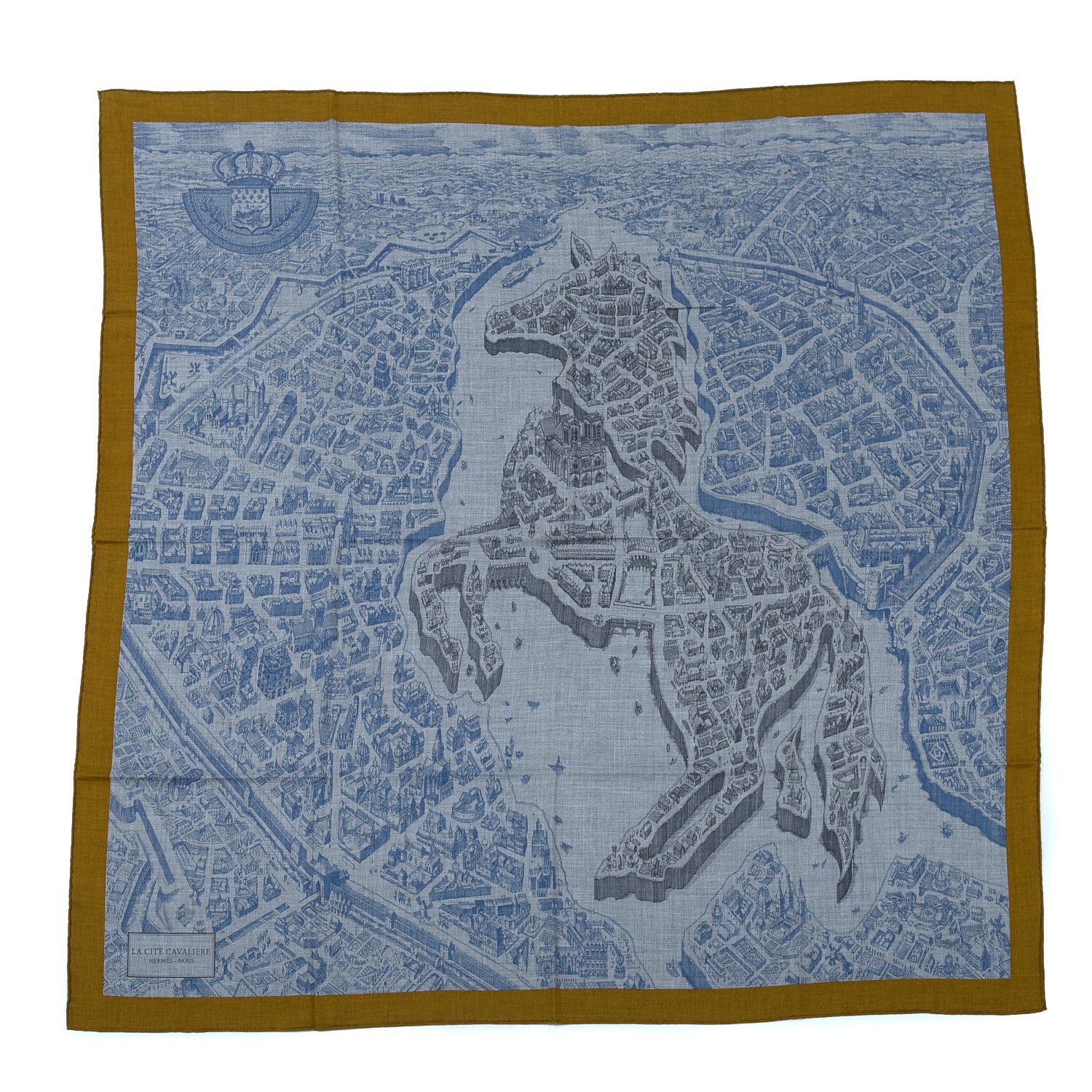 Hermes Cashmere Silk La Cite Cavaliere Shawl 140 Gold Gris Chine 1 of 5