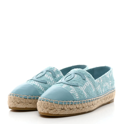Chanel Tweed Grosgrain CC Print Espadrilles 38 Turquoise White 3 of 9